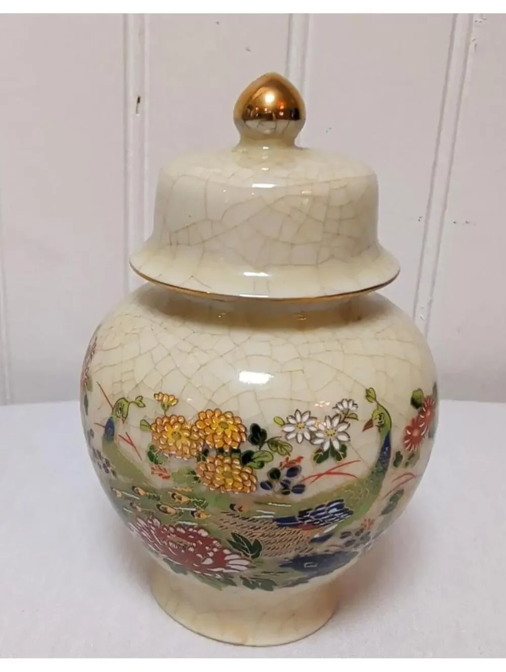 Vintage Otagiri Japan Ginger Jar with Floral and Peacock Motif and Gold Trim